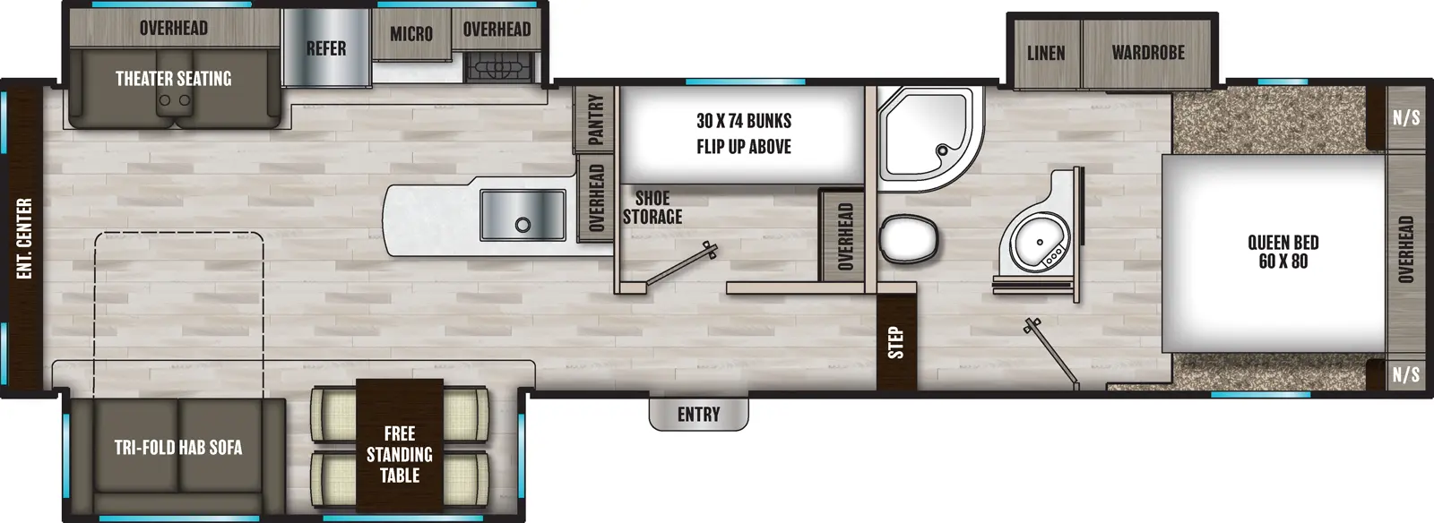 The 30BHS has three slide outs and one entry. Interior layout front to back: front bedroom with a foot facing queen bed, overhead cabinet, night stands on each side, and off-door side slideout with wardrobe and linen cabinet; off-door side full pass-through bathroom; step down to the off-door side bunk room with overhead storage, shoe storage, and bunks with top bunk flip-up; entry door across from bunk room; off-door side peninsula kitchen counter that wraps from the middle of the unit to the inner wall with overhead cabinet and pantry; off-door side slideout with overhead cabinet, microwave, refrigerator, and theater seating with overhead cabinet; door side slideout with free-standing table and tri-fold hide-a-bed sofa; rear entertainment center.